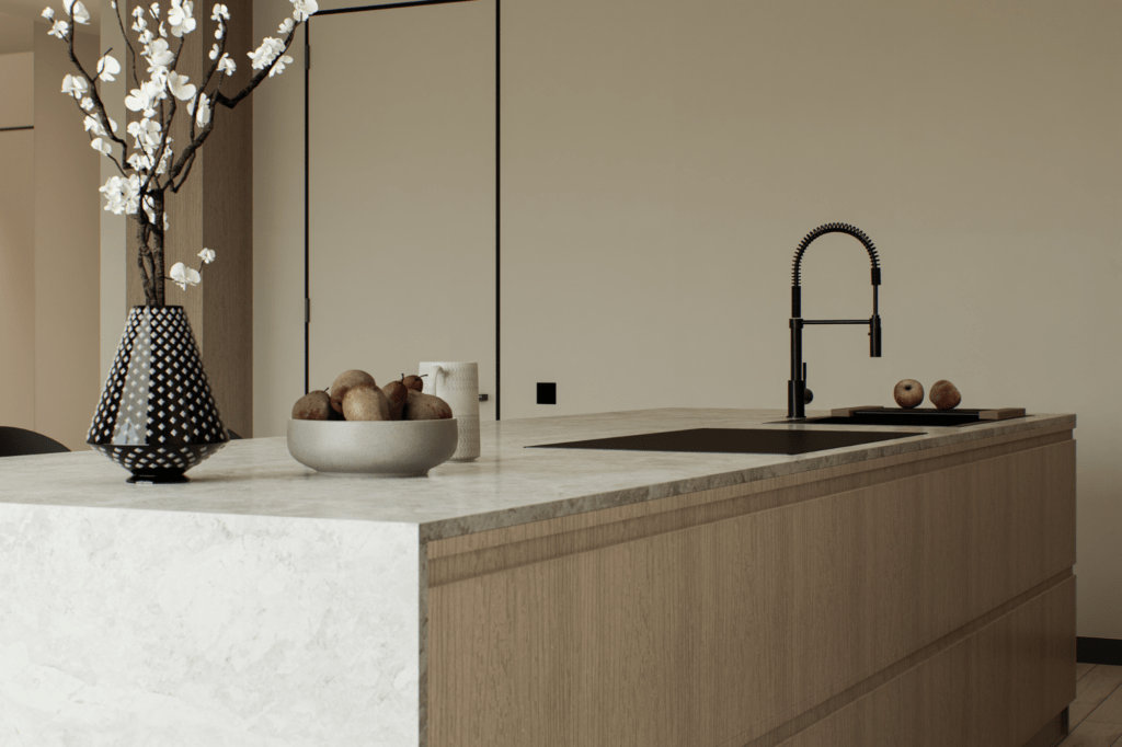 beżowe blaty kuchenne, blat z kamienia