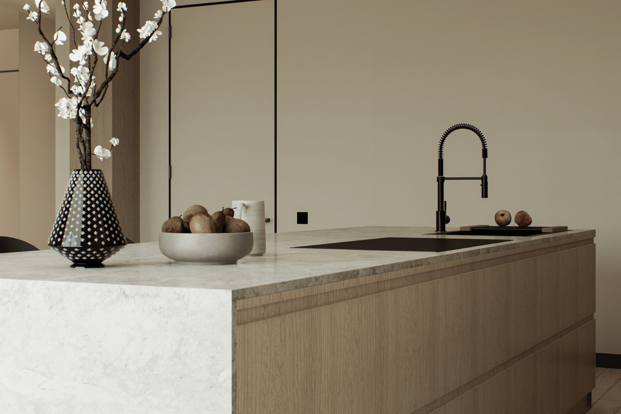 beżowe blaty kuchenne, blat z kamienia