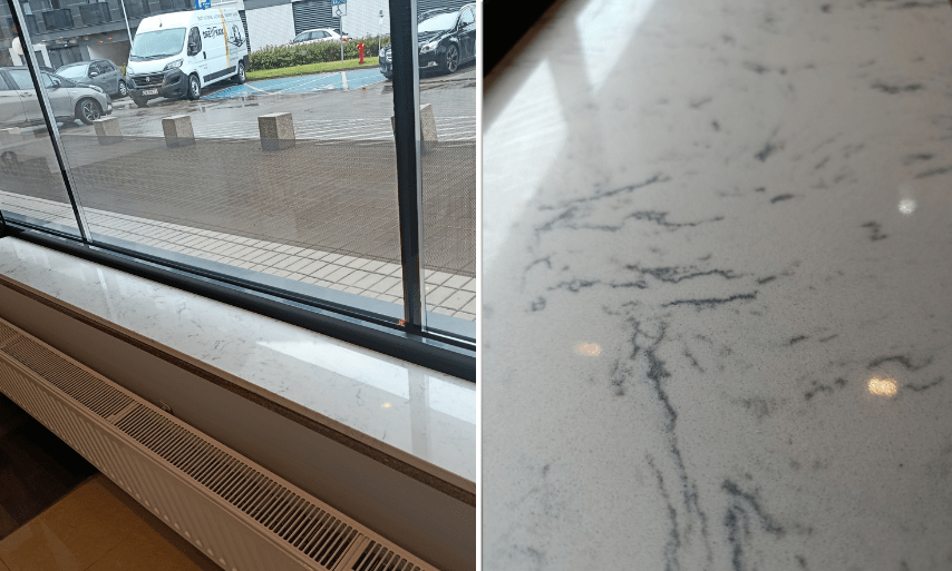 Parapet z konglomeratu marmurowego Misty White, parapet wewnętrzny, outlet