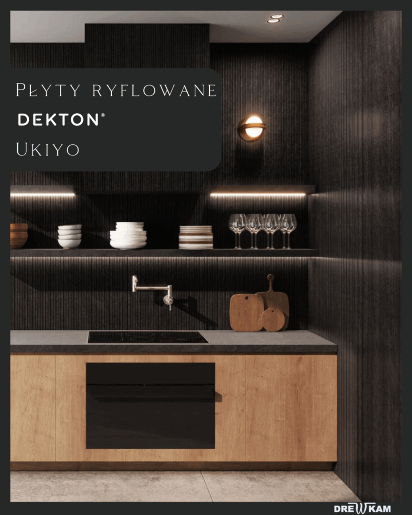 płyty ryflowane, okłazinna ścienna, wyspa kuchenna,