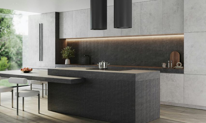 blaty kuchenne z kamienia, ryflowane okładziny ścienne dekton, wyspa kuchenna ryfle dekton